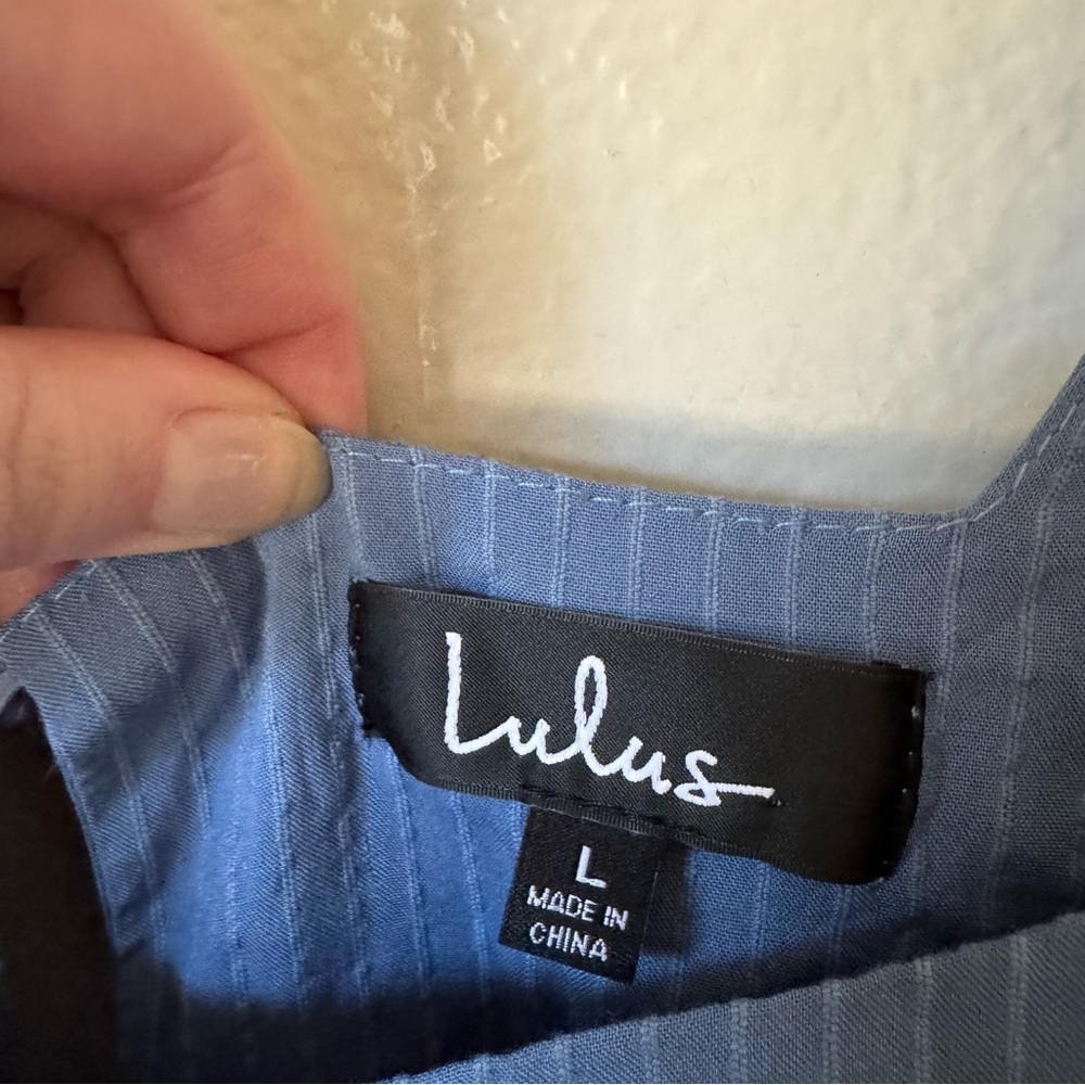 Lulus | Happy Tiers Denim Blue Striped Puff Sleeve Midi Dress - Picture 5 of 7